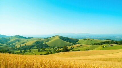 Obraz premium Serene Landscape of Rolling Hills and Wheat Fields Under Blue Sky