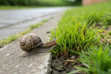 Snail navigating through a small patch of bright green, countryside, scenery, landscape, outdoor