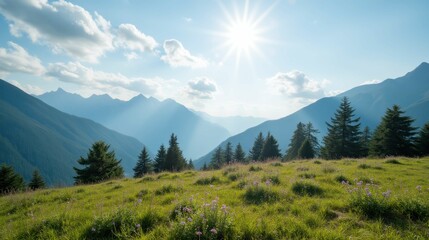 Fototapeta premium Serene Mountain Landscape with Lush Green Grass and Bright Sunlight