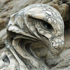 Stone sculpted creature resembling an eagle stares intently forward