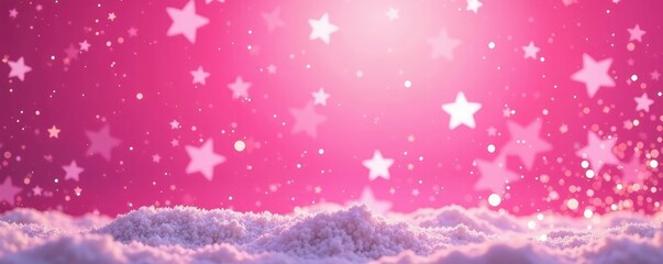 Snowflakes and stars shining bright against a bright pink background, snowy, pink, sparkly