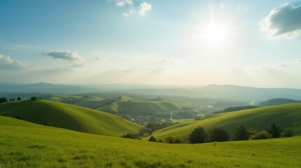 Obraz premium Serene Landscape with Rolling Green Hills and Bright Sky at Sunset