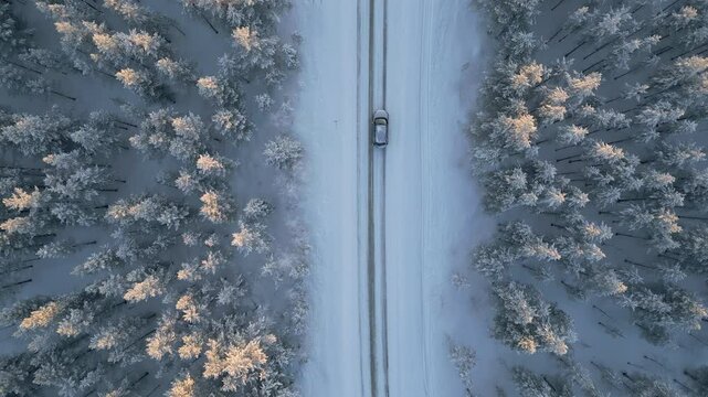 top down view drone of car driving on the forest snowy road finland winter time,exploring finnish landscape