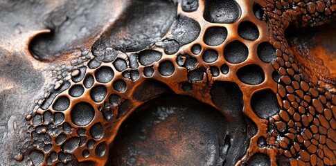 Detailed texture of a porous bronze like surface with holes