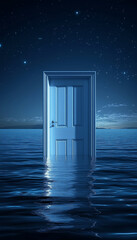 An open white door floating on the water, symbolizing hope and new beginnings. This concept conveys a message about future possibilities and open spaces in real estate