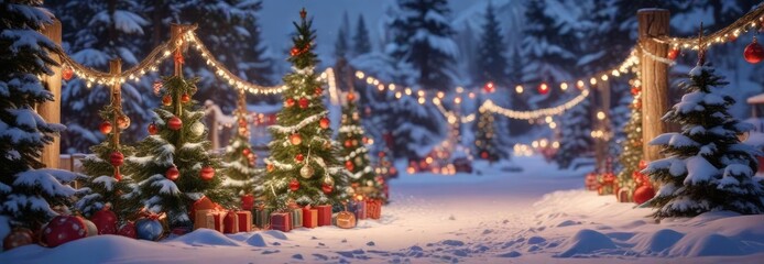 Fototapeta premium Snowy Landscape with Christmas Ornaments and Garlands , snowy village, twinkling lights