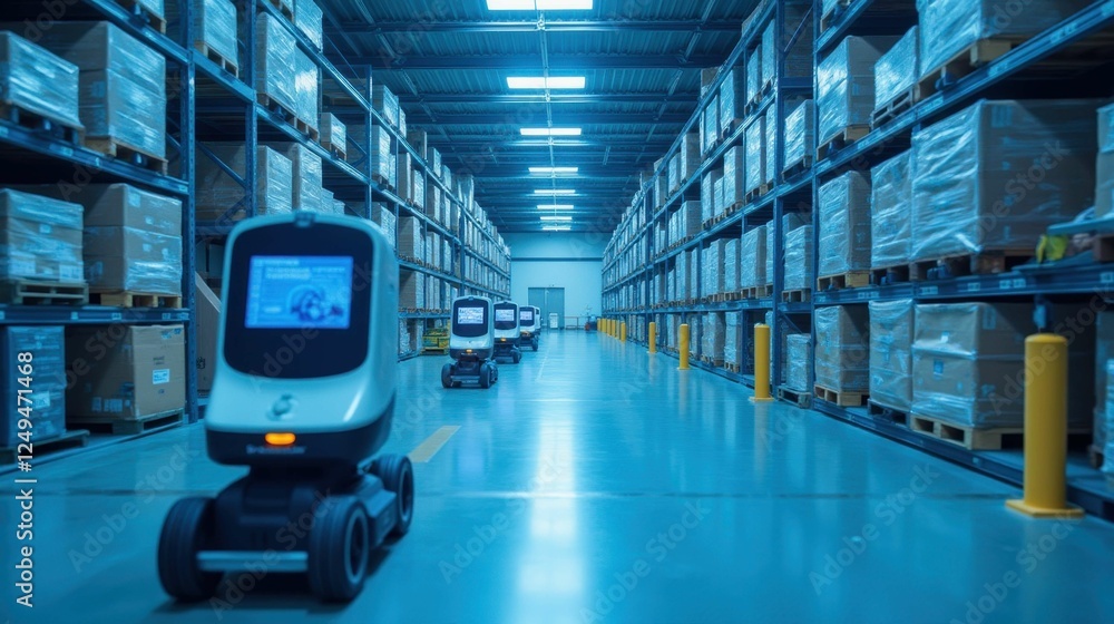 Poster autonomous robots navigating warehouse with pallet racks and boxes