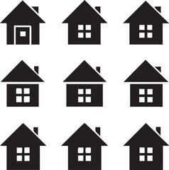 a collection of nine different types of houses. All the houses are black and white a