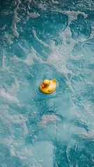 Obraz premium A yellow rubber duck floating in the swimming pool, top view, close-up, light blue water, minimalism, simple background