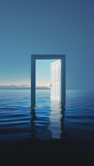 An open white door floating on the water, symbolizing hope and new beginnings. This concept conveys a message about future possibilities and open spaces in real estate