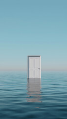 An open white door floating on the water, symbolizing hope and new beginnings. This concept conveys a message about future possibilities and open spaces in real estate