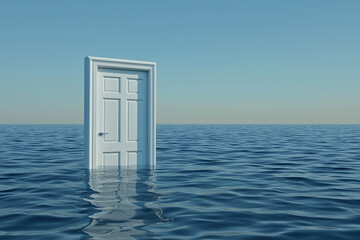 An open white door floating on the water, symbolizing hope and new beginnings. This concept conveys a message about future possibilities and open spaces in real estate