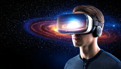 Moço jovem moderno usando óculos de realidade virtual com fundo galáctico - Generated image