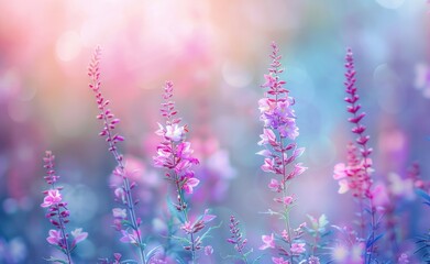 purple pink wild flowers in field in nature in summer spring in sunlight with beautiful round bokeh with a soft focus bokeh lighting nature