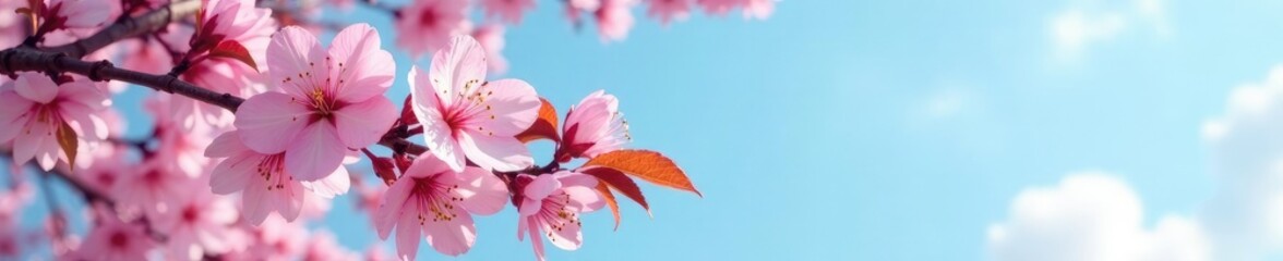 Obraz premium soft focus pink cherry blossom against blue sky, blossoms, leaves