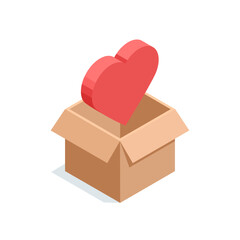 isometric vector icon of heart and open box, in color on white background, donations and charity