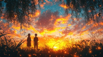 Fototapeta premium Two silhouettes stand against a vibrant sunset, surrounded by glowing grass.