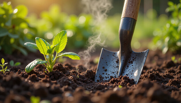 Small sprout in the soil and shovel for gardening blogs and websites.