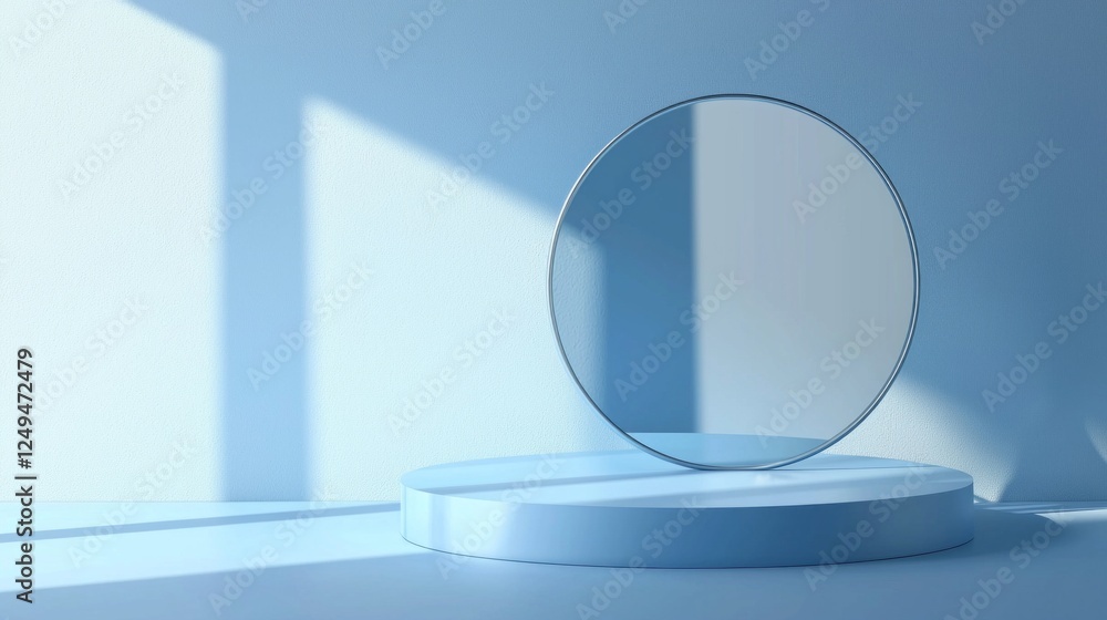 Poster soft blue hues create a tranquil environment for a 3d podium stand showcasing a circular glass backd