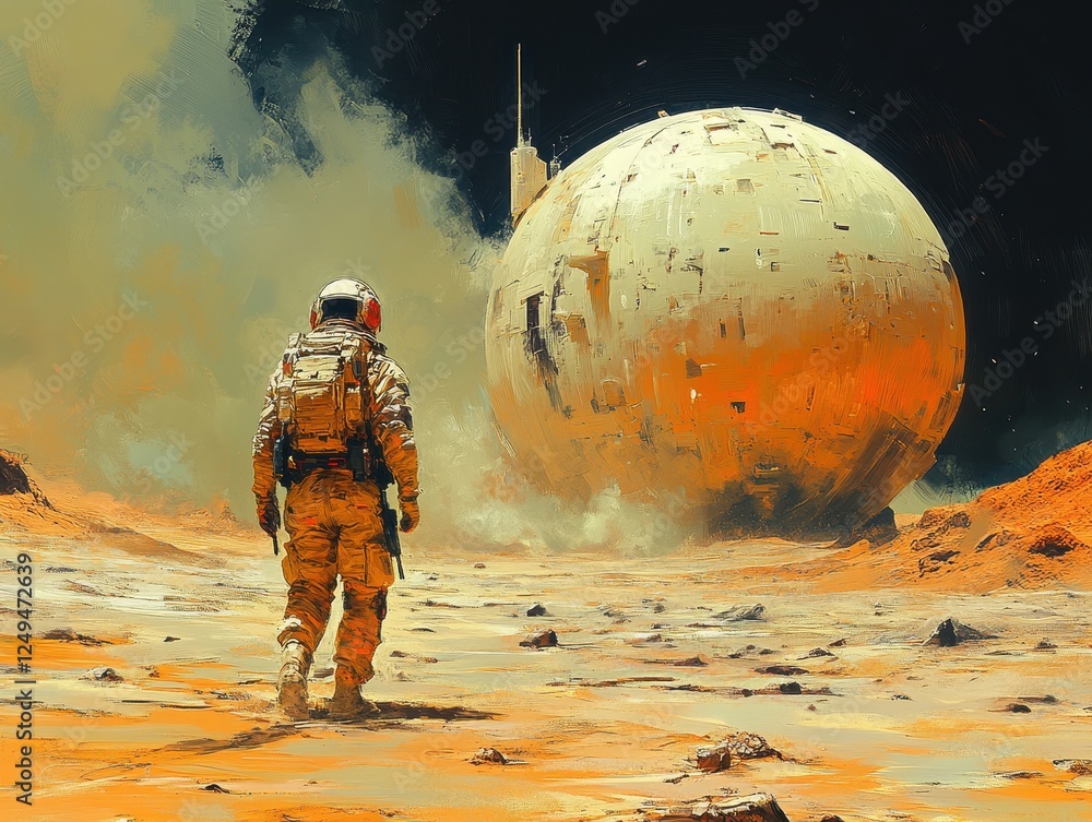 Poster astronaut exploring a desolate landscape with a large spherical structure.