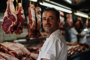 Fototapeta premium Butcher Presenting Fresh Meat Selection Assortment in Shop meat grocery store, Generative AI