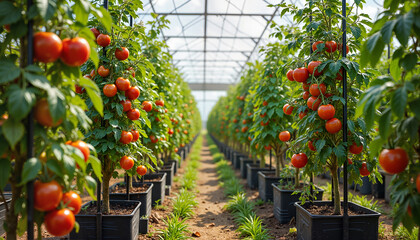 Ripe tomatoes growing in a greenhouse, perfect for educational materials about sustainable farming, or use in web design and gardening blogs.