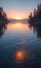 Fototapeta premium Soft orange and blue hues create an ethereal wave pattern on the surface of a calm lake, soft colors, abstract waves, orange