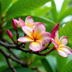 Fototapeta premium Soft pink plumeria flowers in full bloom on a lush green tree branch, greenery, focal_point, flower
