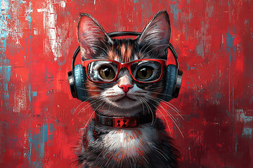 A stylish cat wearing trendy headphones and glasses, exuding a cool and modern vibe