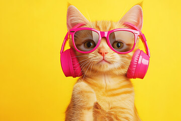 A stylish cat wearing trendy headphones and glasses, exuding a cool and modern vibe