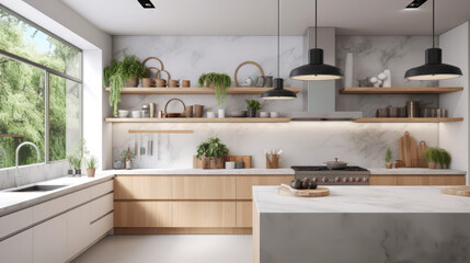 Fototapeta premium A modern Scandinavian-style kitchen with matte white cabinets, light gray marble countertops and backsplash, and wooden accents. The island features a built-in sink with a sleek chrome faucet.