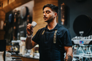 A barista in casual uniform savoring an espresso in a warm and contemporary cafe setting.