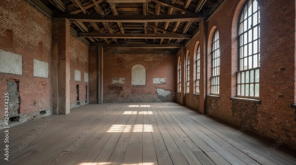 Poster vast empty room with brick walls and large windows illuminated