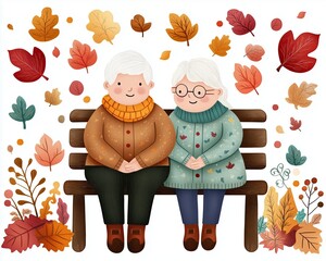 Fototapeta premium A romantic autumn illustration of an elderly couple sitting on a bench, holding hands
