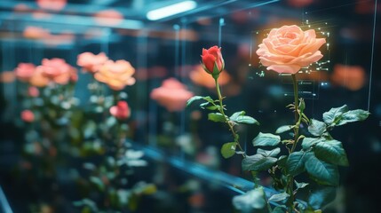Witness AI-driven romance displayed as a hologram, with roses sprouting from the digital screen