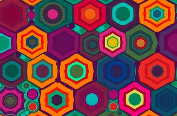 Vibrant Geometric Abstract Design with Hexagons and Circles on Black Background