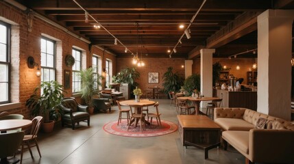 Fototapeta premium Cozy urban cafe interior with natural light and greenery decor