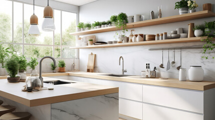Fototapeta premium A modern Scandinavian-style kitchen with matte white cabinets, light gray marble countertops and backsplash, and wooden accents. The island features a built-in sink with a sleek chrome faucet.