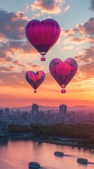 Fototapeta premium Paint a surreal cityscape with heart-shaped hot air balloons at sunset