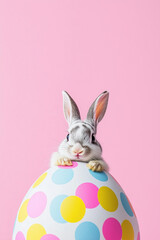 Fototapeta premium Adorable bunny curiously peeking over a large easter egg with vibrant polka dots against a pastel pink background, capturing the spirit of easter