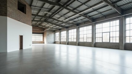 Fototapeta premium Empty Modern Industrial Space with Large Windows and High Ceiling