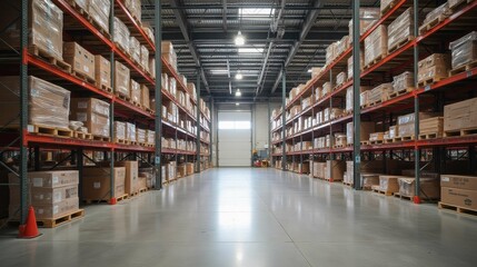 Vast Warehouse Interior with Shelves Full of Cardboard Boxes