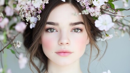 Naklejka premium Ethereal Portrait of Woman with Floral Crown and Soft Blossoms