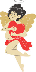 Cupid hugs a bright red heart with love and affection