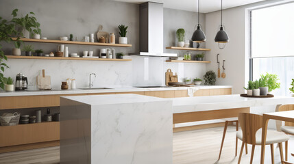 A modern Scandinavian-style kitchen with matte white cabinets, light gray marble countertops and backsplash, and wooden accents. The island features a built-in sink with a sleek chrome faucet.
