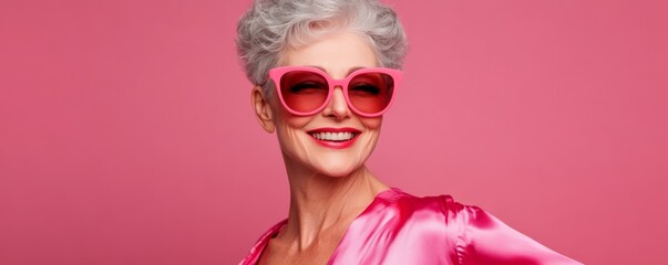 Radiant Senior Woman: An elegant senior woman with silver hair beams with confidence while sporting trendy pink sunglasses and a chic pink satin top, exuding vitality and youthful energy. 