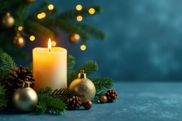 A Festive Illumination A Lit Candle Nestled Among Evergreen Branches, Adorned with Gilded Ornaments and Pine Cones, Creating a Warm and Inviting Holiday Scene