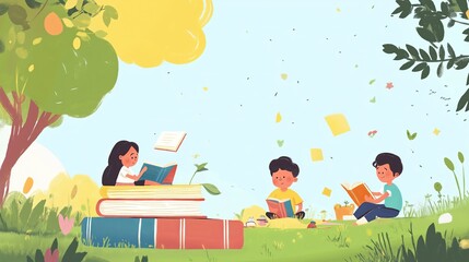 Children sitting outdoors in a vibrant setting, enjoying books together on World Book Day, promoting literacy and imagination.