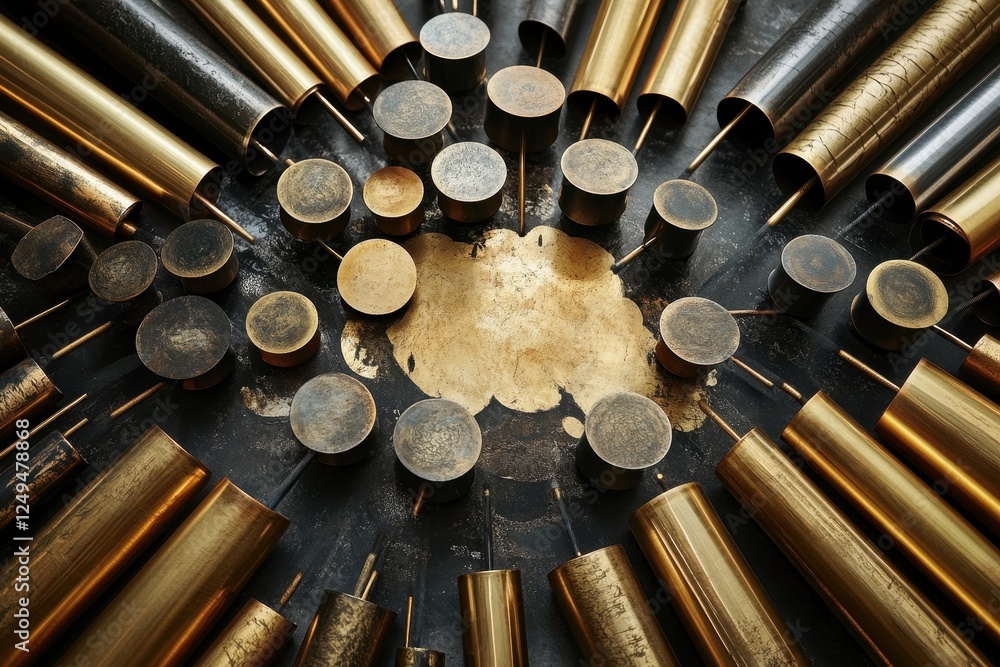 Aufkleber abstract pattern featuring metallic cylinders and circular shapes
