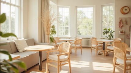 Fototapeta premium Cozy and Bright Cafe Interior with Natural Light and Plants